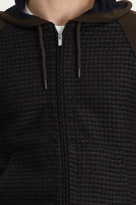 Medium Brown Hooded Zip-Up Cotton Knit Cardigan
