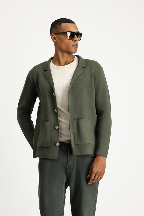 Medium Khaki Slim Fit Narrow Cut Cotton Knit Cardigan