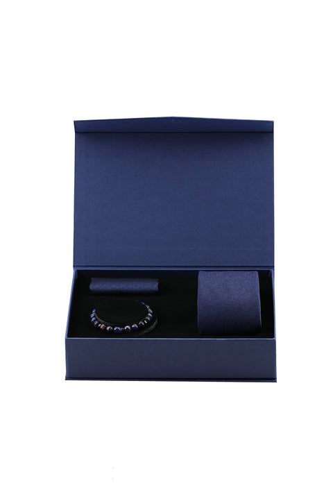 Dark Navy Blue 3-Piece Tie, Pocket Square & Bracelet Set