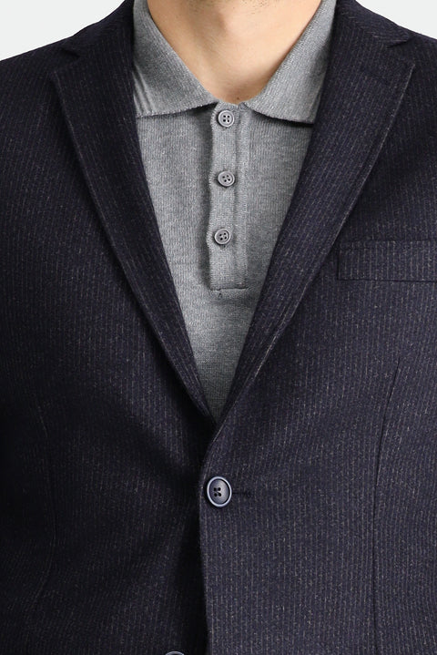 Dark Navy 7 Drop Super Slim Fit Extra Narrow Cut Wool Striped Knit Jacket
