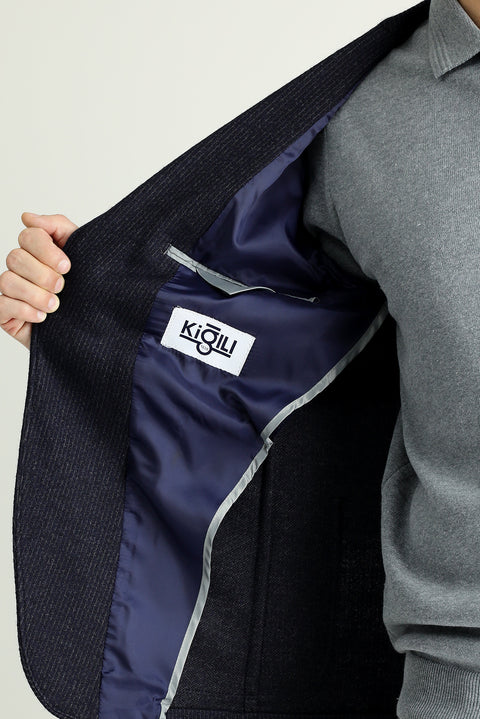 Dark Navy 7 Drop Super Slim Fit Extra Narrow Cut Wool Striped Knit Jacket