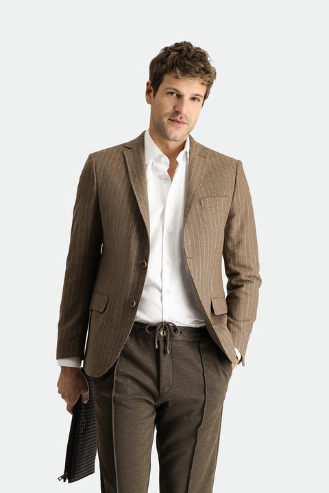 Dark Mink 7 Drop Super Slim Fit Extra Narrow Cut Classic Striped Wool Jacket