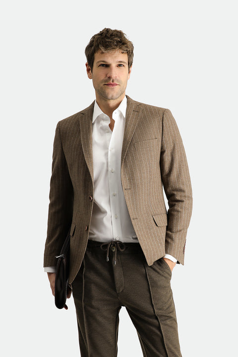Dark Mink 7 Drop Super Slim Fit Extra Narrow Cut Classic Striped Wool Jacket