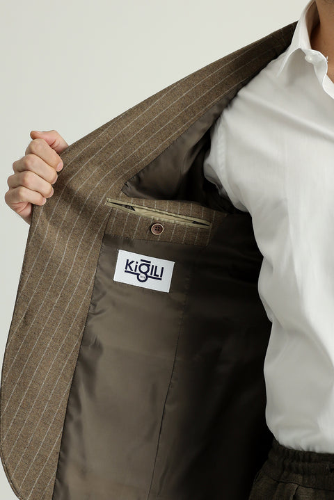 Dark Mink 7 Drop Super Slim Fit Extra Narrow Cut Classic Striped Wool Jacket