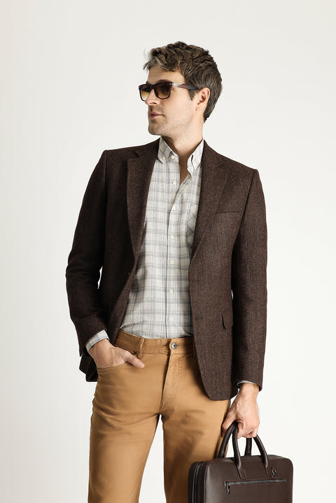Dark Brown 7 Drop Slim Fit Narrow Cut Wool Classic Patterned Jacket