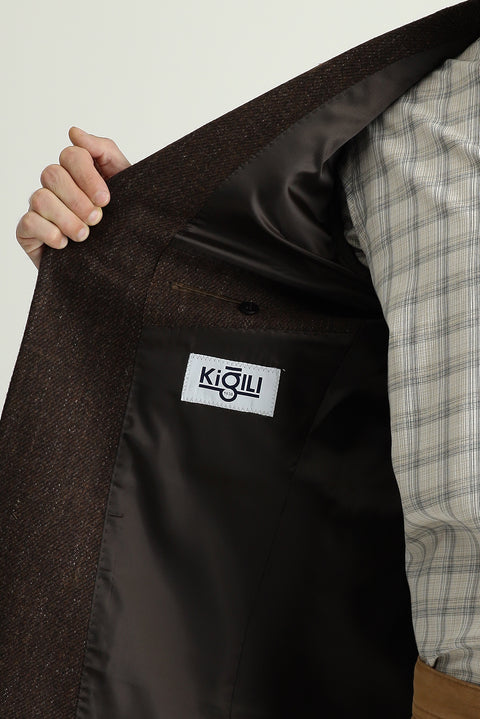 Dark Brown 7 Drop Slim Fit Narrow Cut Wool Classic Patterned Jacket