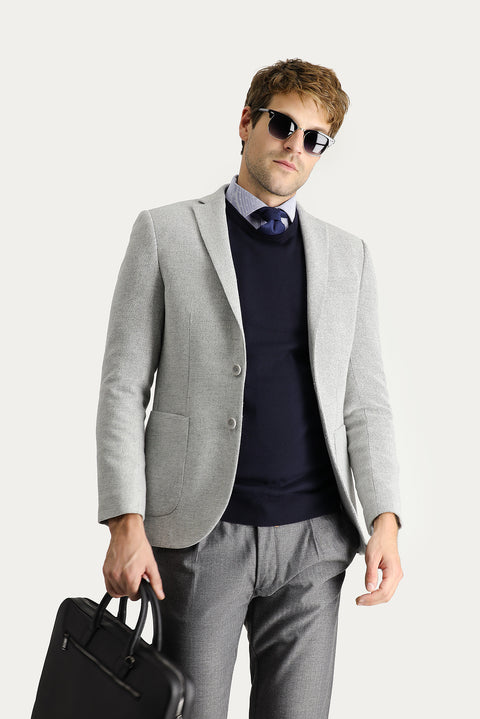 Light Grey 7 Drop Super Slim Fit Extra Narrow Cut Wool Patterned Sport Jacket