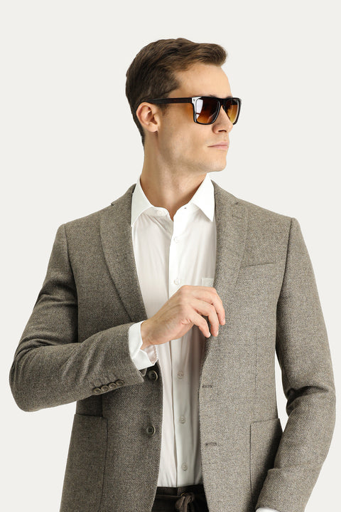 Medium Brown 7 Drop Super Slim Fit Extra Narrow Cut Wool Patterned Sport Jacket