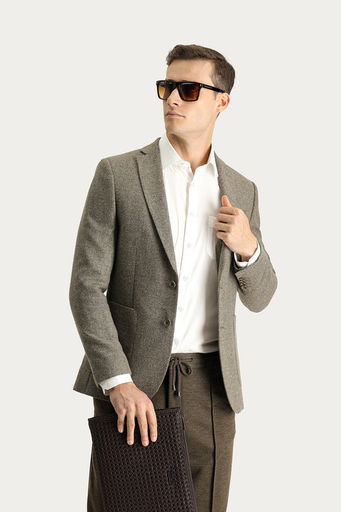 Medium Brown 7 Drop Super Slim Fit Extra Narrow Cut Wool Patterned Sport Jacket