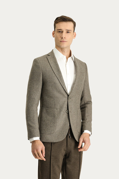 Medium Brown 7 Drop Super Slim Fit Extra Narrow Cut Wool Patterned Sport Jacket