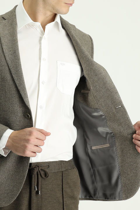 Medium Brown 7 Drop Super Slim Fit Extra Narrow Cut Wool Patterned Sport Jacket