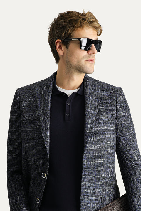 Medium Navy 8 Drop Muscle Fit Long Athletic Cut Wool Patterned Sport Jacket