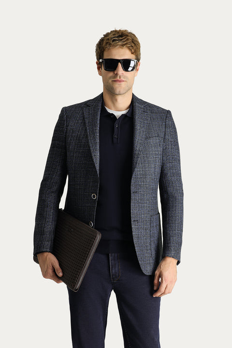 Medium Navy 6 Drop Regular Fit Standard Cut Wool Patterned Sport Jacket