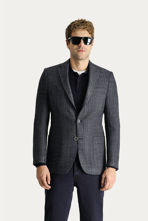 Medium Navy 8 Drop Muscle Fit Long Athletic Cut Wool Patterned Sport Jacket