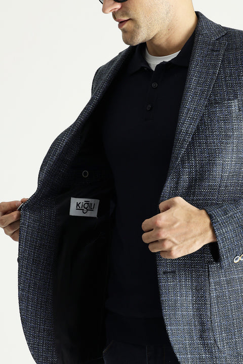 Medium Navy 8 Drop Muscle Fit Long Athletic Cut Wool Patterned Sport Jacket