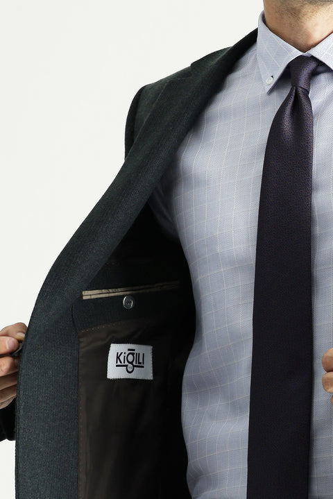Dark Khaki 4-Drop Relaxed Fit Classic Wool Patterned Jacket