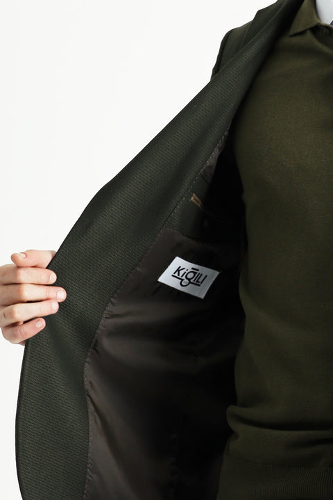 Dark Khaki 8 Drop Muscle Fit Long Athletic Cut Wool Classic Patterned Jacket