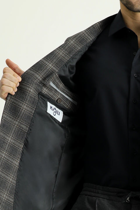 Medium Anthracite 7 Drop Slim Fit Classic Plaid Wool Jacket