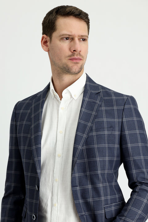 Medium Navy 7 Drop Slim Fit Plaid Jacket