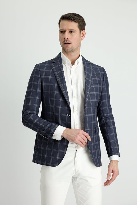 Medium Navy 7 Drop Slim Fit Plaid Jacket