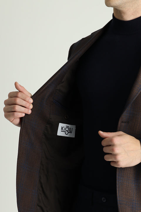 Dark Brown 7 Drop Slim Fit Plaid Sport Jacket