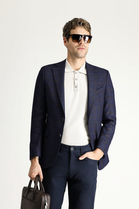 Dark Navy 7 Drop Slim Fit Classic Plaid Wool Jacket