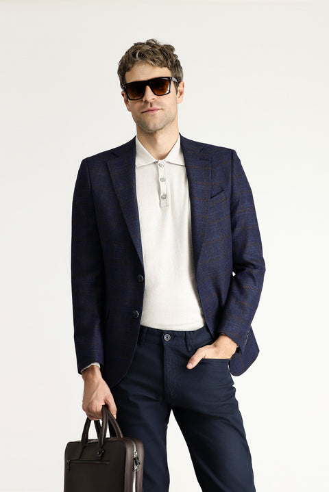 Dark Navy 7 Drop Slim Fit Classic Plaid Wool Jacket