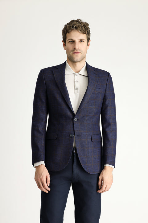 Dark Navy 7 Drop Slim Fit Classic Plaid Wool Jacket