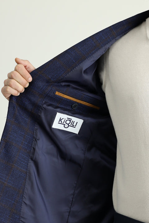 Dark Navy 7 Drop Slim Fit Classic Plaid Wool Jacket