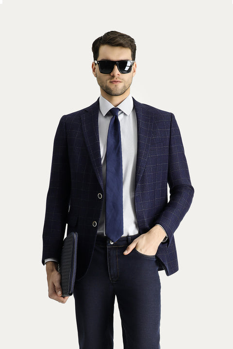 Medium Navy 6 Drop Regular Fit Standard Cut Wool Plaid Jacket