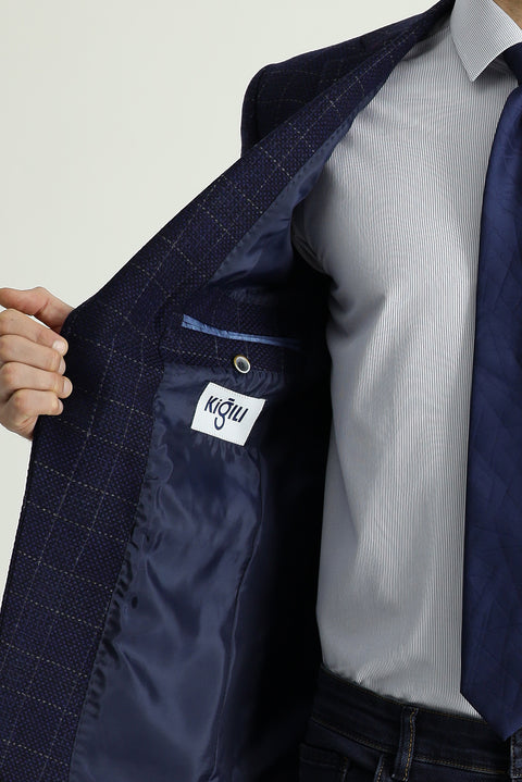 Medium Navy 6 Drop Regular Fit Standard Cut Wool Plaid Jacket