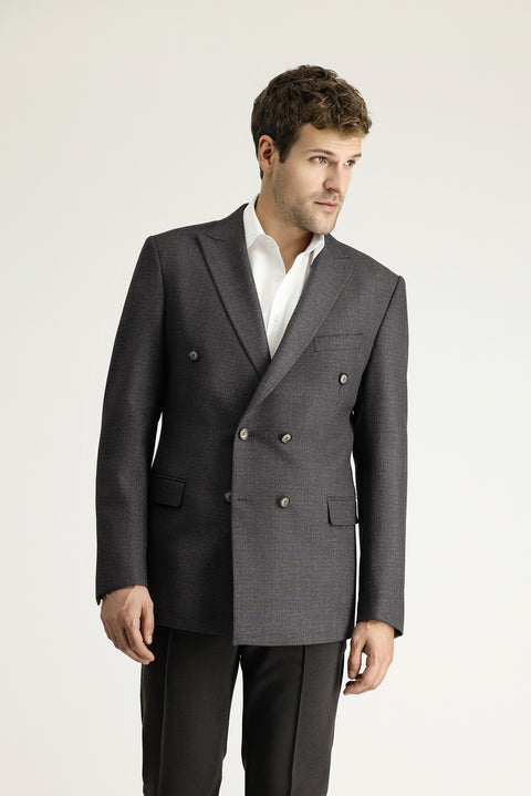Dark Brown 8-Drop Muscle Fit Long Athletic Cut Double-Breasted Plaid Jacket