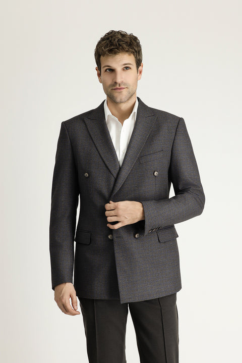 Dark Brown 8-Drop Muscle Fit Long Athletic Cut Double-Breasted Plaid Jacket