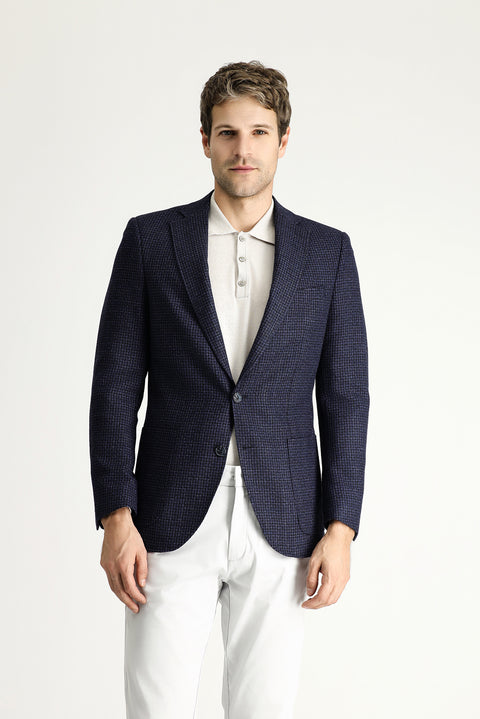Koyu Lacivert 6 Drop Regular Fit Standart Kesim Yünlü Kareli Ceket