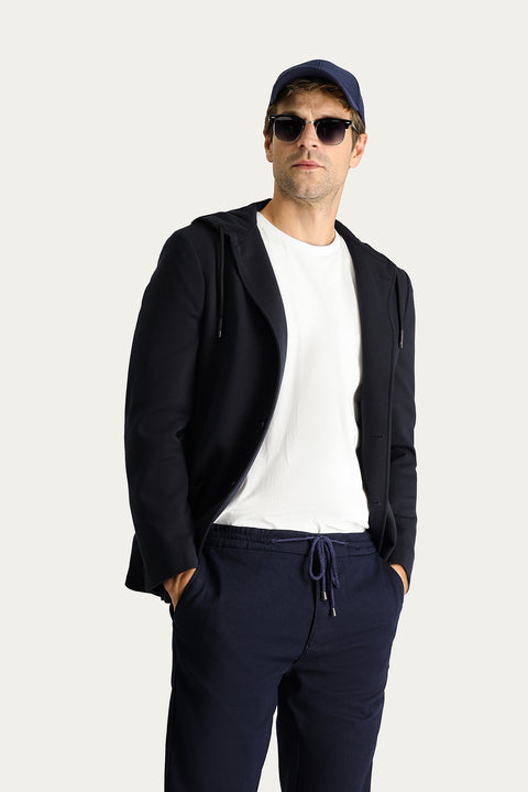 Siyah Lacivert 7 Drop Super Slim Fit Eksra Dar Kesim Kapüşonlu Spor Örme Ceket