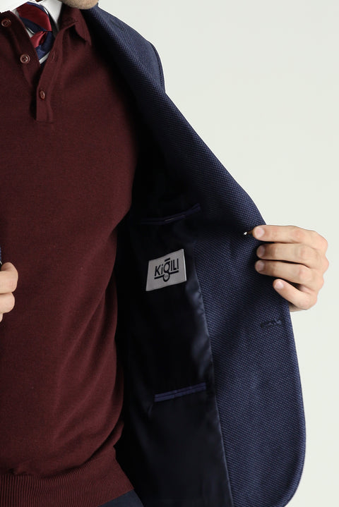 Light Navy Blue 6 Drop Regular Fit Standard Cut Wool Patterned Classic Jacket