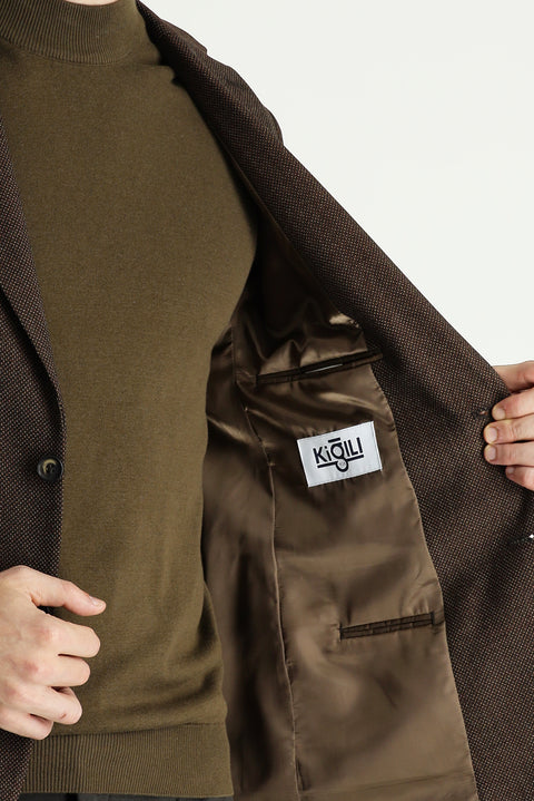 Dark Brown 6 Drop Regular Fit Classic Wool Patterned Jacket