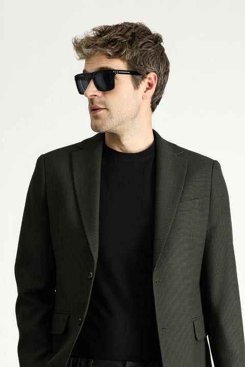 Dark Khaki 6 Drop Regular Fit Classic Wool Patterned Jacket