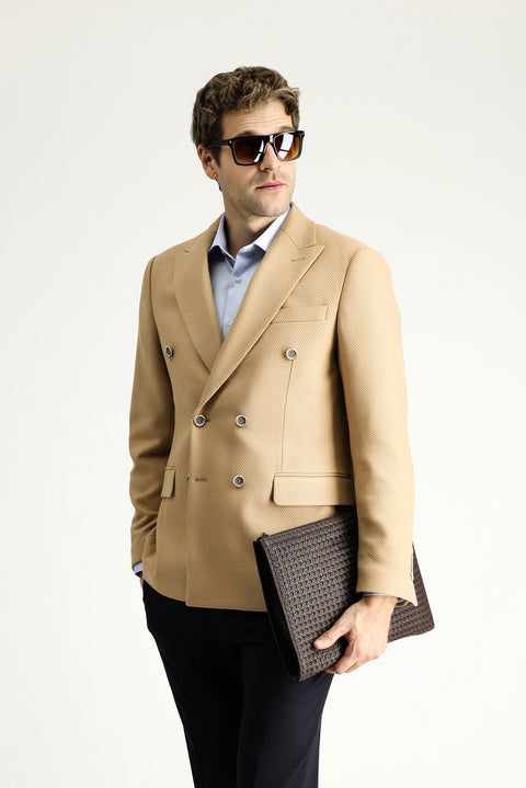 Camel 6 Drop Regular Fit Double-Breasted Patterned Jacket
