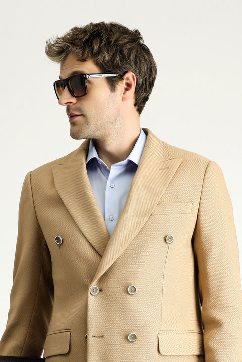 Camel 6 Drop Regular Fit Double-Breasted Patterned Jacket