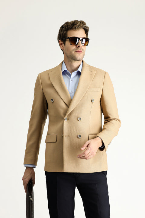 Camel 6 Drop Regular Fit Double-Breasted Patterned Jacket
