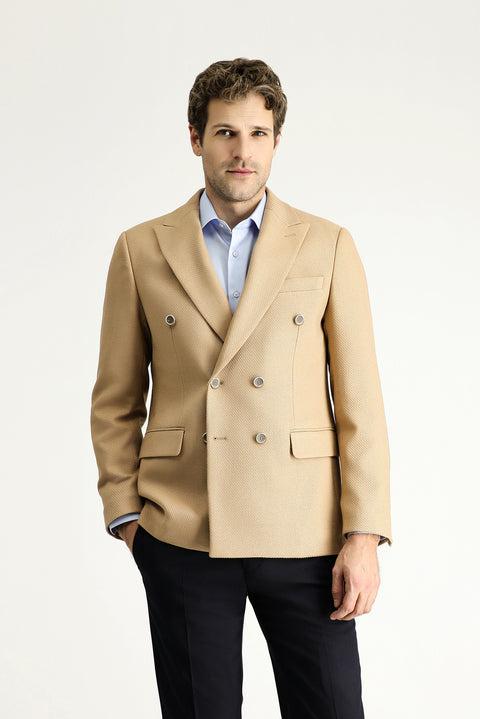 Camel 6 Drop Regular Fit Double-Breasted Patterned Jacket