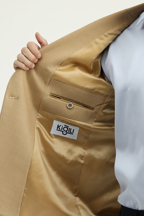 Camel 6 Drop Regular Fit Double-Breasted Patterned Jacket