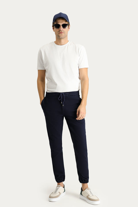 Dark Navy Blue Slim Fit Narrow Cut Elastic Waist Drawstring Stretchy Jogger Pants