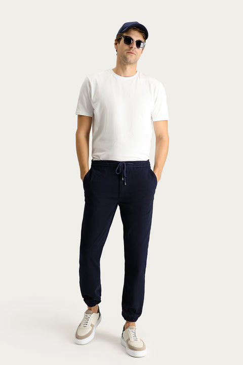 Dark Navy Blue Slim Fit Narrow Cut Elastic Waist Drawstring Stretchy Jogger Pants