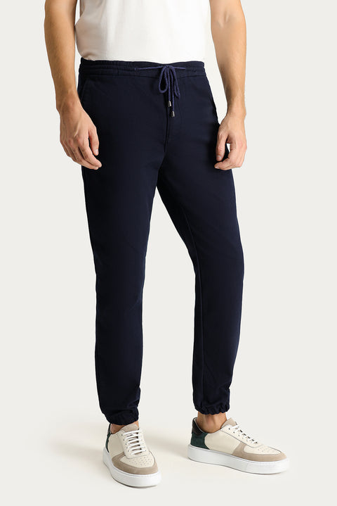 Dark Navy Blue Slim Fit Narrow Cut Elastic Waist Drawstring Stretchy Jogger Pants