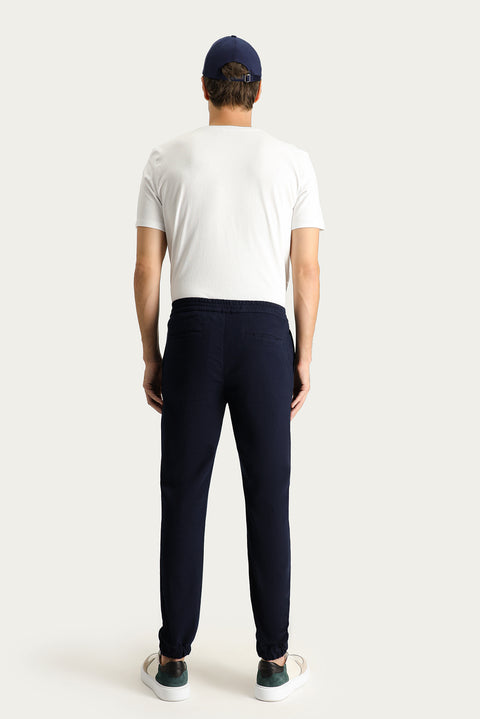 Dark Navy Blue Slim Fit Narrow Cut Elastic Waist Drawstring Stretchy Jogger Pants