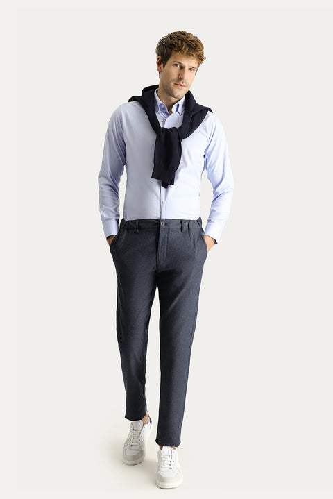 Dark Navy Regular Fit Standard Cut Patterned Elasticated Waist Lycra Canvas / Chino Trousers