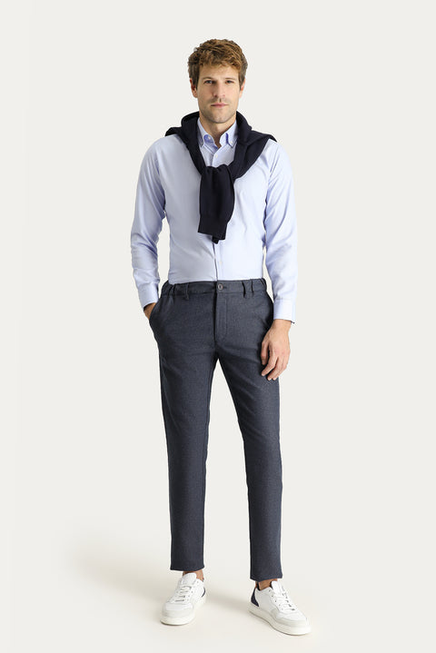 Dark Navy Slim Fit Patterned Elasticated Waist Lycra Canvas / Chino Trousers