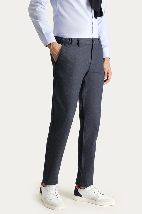 Dark Navy Slim Fit Patterned Elasticated Waist Lycra Canvas / Chino Trousers